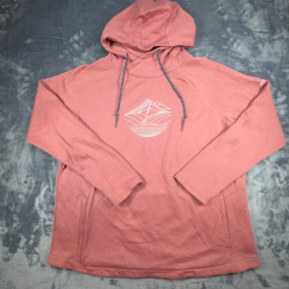 Columbia Women XL Pink Mountain Graphic Fleece Hoodie XL0878 Raglan Sweatshirt